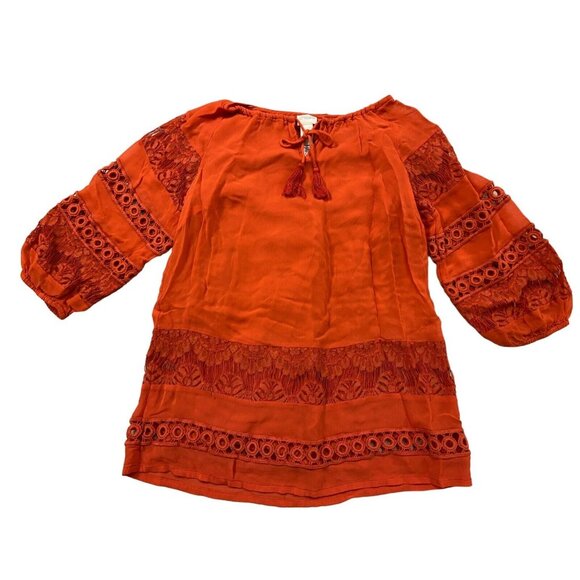 Chico's Tops - Chico's Top Womens 0 Red 3/4 Sleeve Embroidered Tunic Blouse Tie Neck Pullover